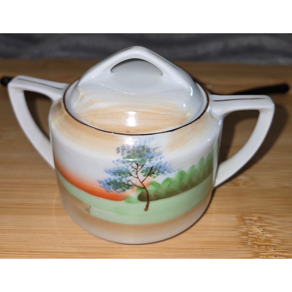 Vintage Meito China Hand Painted Sugar Bowl with Lid Made in Japan Landscape
